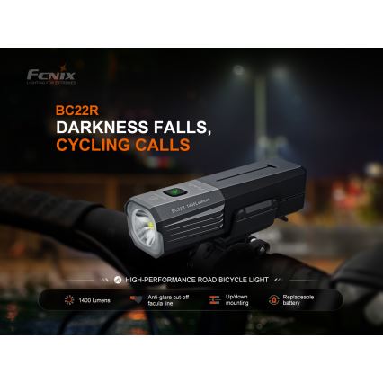 Fenix BC22R - Ρυθμιζόμενο επαναφορτιζόμενο LED φανάρι ποδηλάτου LED/USB 3400 mAh IP66 1400 lm 41 h μαύρο