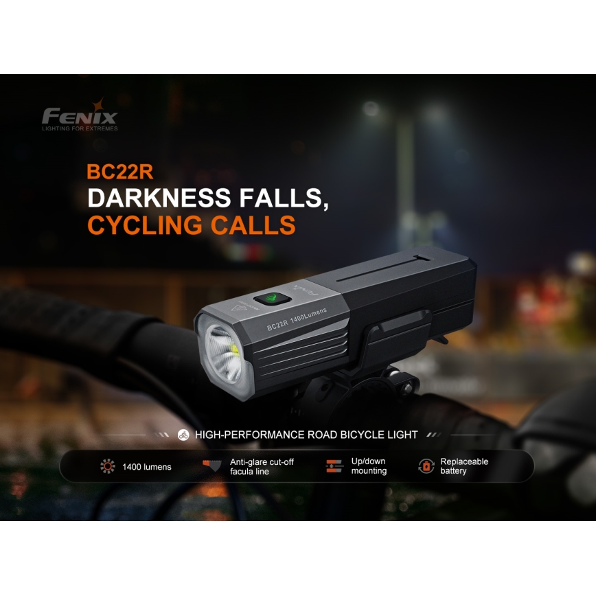Fenix BC22R - Ρυθμιζόμενο επαναφορτιζόμενο LED φανάρι ποδηλάτου LED/USB 3400 mAh IP66 1400 lm 41 h μαύρο