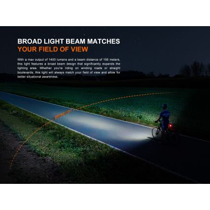 Fenix BC22R - Ρυθμιζόμενο επαναφορτιζόμενο LED φανάρι ποδηλάτου LED/USB 3400 mAh IP66 1400 lm 41 h μαύρο