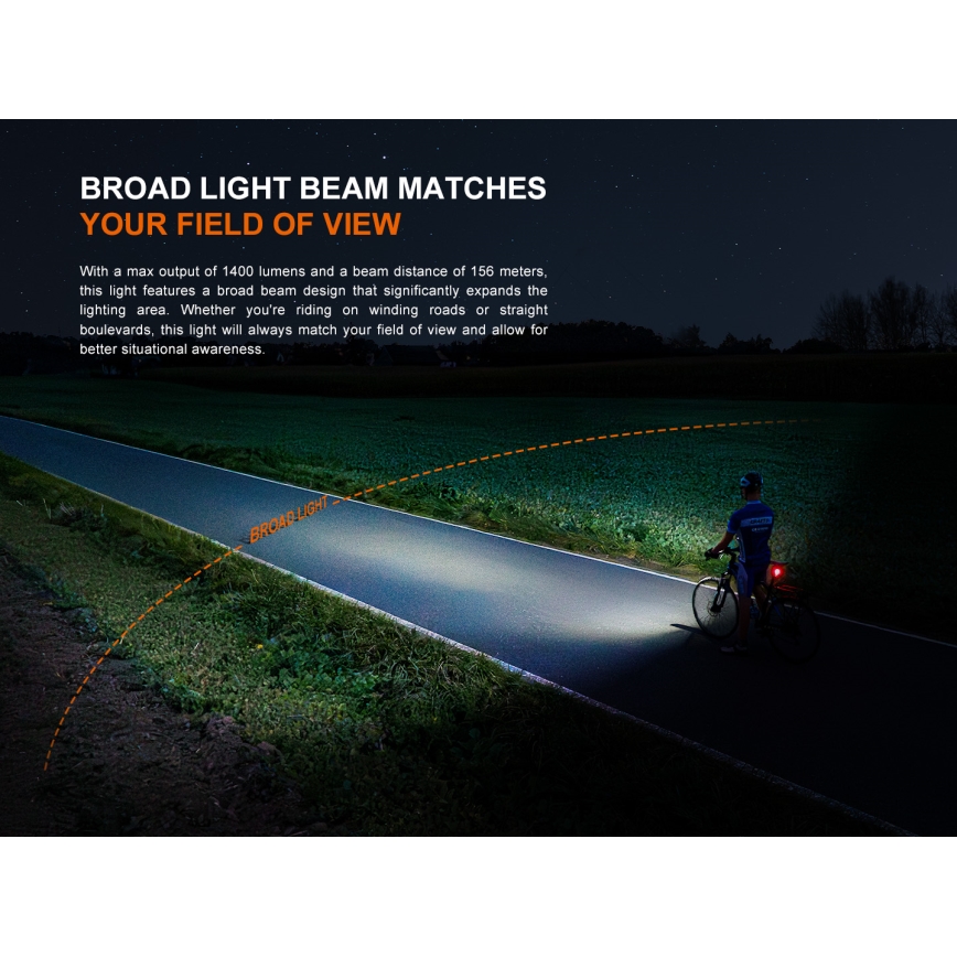 Fenix BC22R - Ρυθμιζόμενο επαναφορτιζόμενο LED φανάρι ποδηλάτου LED/USB 3400 mAh IP66 1400 lm 41 h μαύρο