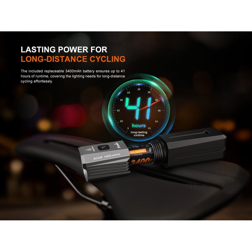 Fenix BC22R - Ρυθμιζόμενο επαναφορτιζόμενο LED φανάρι ποδηλάτου LED/USB 3400 mAh IP66 1400 lm 41 h μαύρο