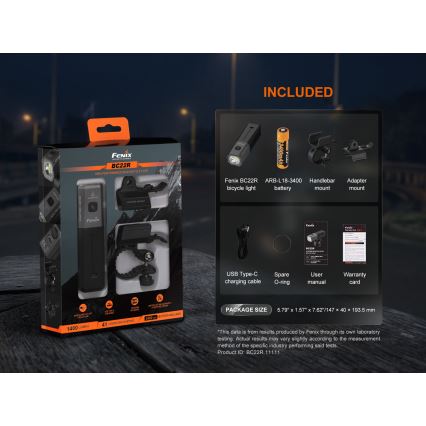 Fenix BC22R - Ρυθμιζόμενο επαναφορτιζόμενο LED φανάρι ποδηλάτου LED/USB 3400 mAh IP66 1400 lm 41 h μαύρο