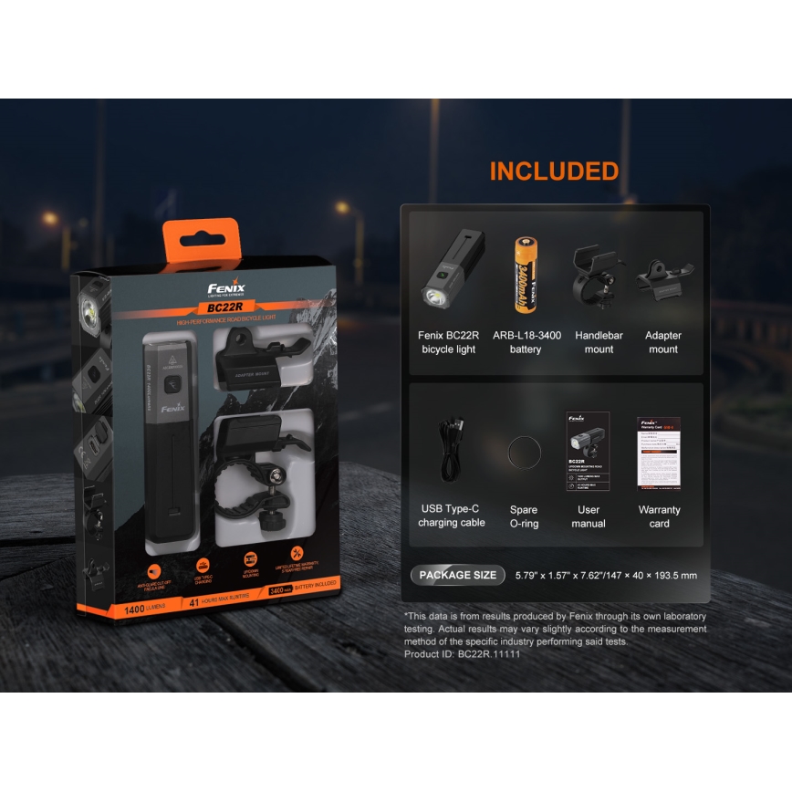 Fenix BC22R - Ρυθμιζόμενο επαναφορτιζόμενο LED φανάρι ποδηλάτου LED/USB 3400 mAh IP66 1400 lm 41 h μαύρο