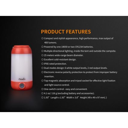 Fenix CL26RRED - Φορητός επαναφορτιζόμενος LED φακός με ρύθμιση φωτεινότητας LED/USB/2xCR123A IP66 400 lm 400 ώρες 2600 mAh πορτοκαλί