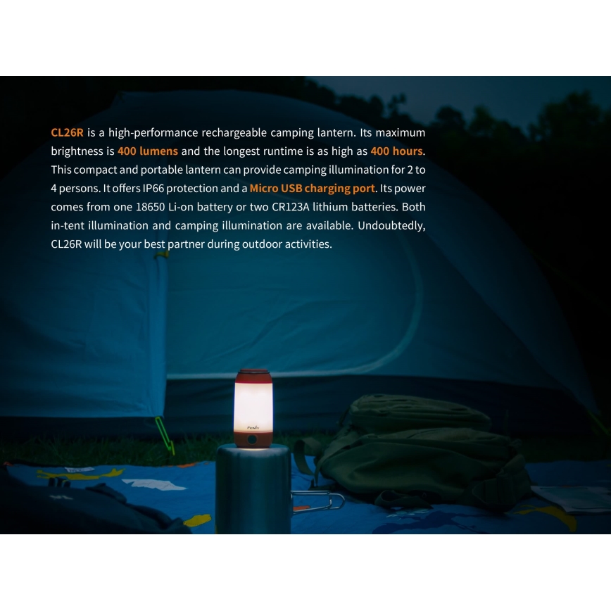 Fenix CL26RRED - LED Dimming φορητό επαναφορτιζόμενο φωτιστικό LED/USB/2xCR123A IP66 400 γυαλιστερό 400 h 2600 mAh πορτοκαλί
