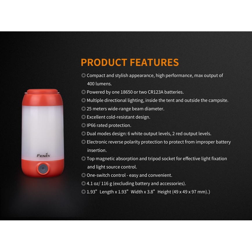 Fenix CL26RRED - LED Dimming φορητό επαναφορτιζόμενο φωτιστικό LED/USB/2xCR123A IP66 400 γυαλιστερό 400 h 2600 mAh πορτοκαλί