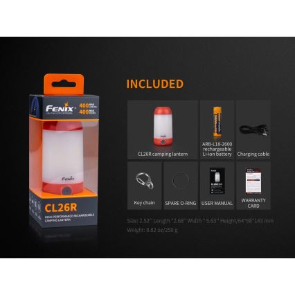 Fenix CL26RRED - LED Dimming φορητό επαναφορτιζόμενο φωτιστικό LED/USB/2xCR123A IP66 400 γυαλιστερό 400 h 2600 mAh πορτοκαλί