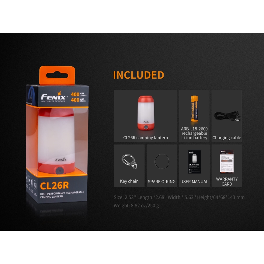 Fenix CL26RRED - LED Dimming φορητό επαναφορτιζόμενο φωτιστικό LED/USB/2xCR123A IP66 400 γυαλιστερό 400 h 2600 mAh πορτοκαλί