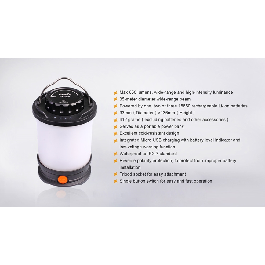 Fenix CL30R - Φορητός επαναφορτιζόμενος φακός LED/USB/6xCR123A IPX7 650 lm 300 ώρες 2600 mAh