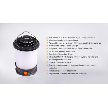 Fenix CL30R - Φορητός επαναφορτιζόμενος φακός LED/USB/6xCR123A IPX7 650 lm 300 ώρες 2600 mAh