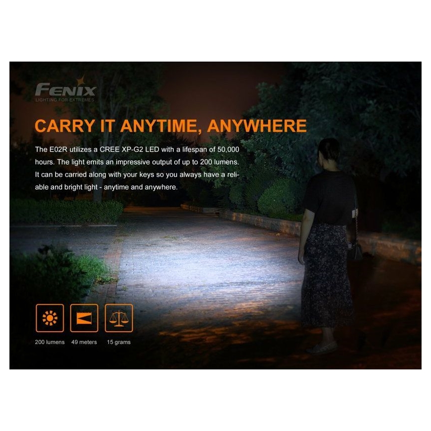 Fenix E02RBLC - LED Επαναφορτιζόμενος φακός LED / USB IP68 200 lm 6,5 ώρες