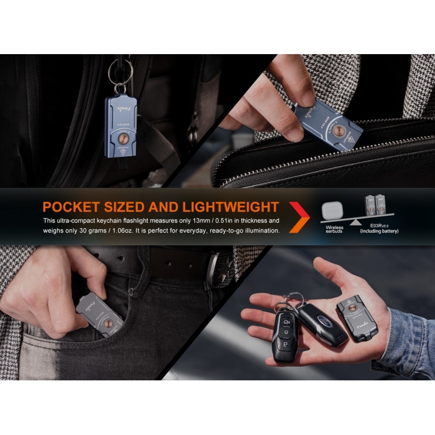 Fenix E03RV20BLU - Επαναφορτιζόμενος φακός LED LED/USB IP66 500 lm 30 h