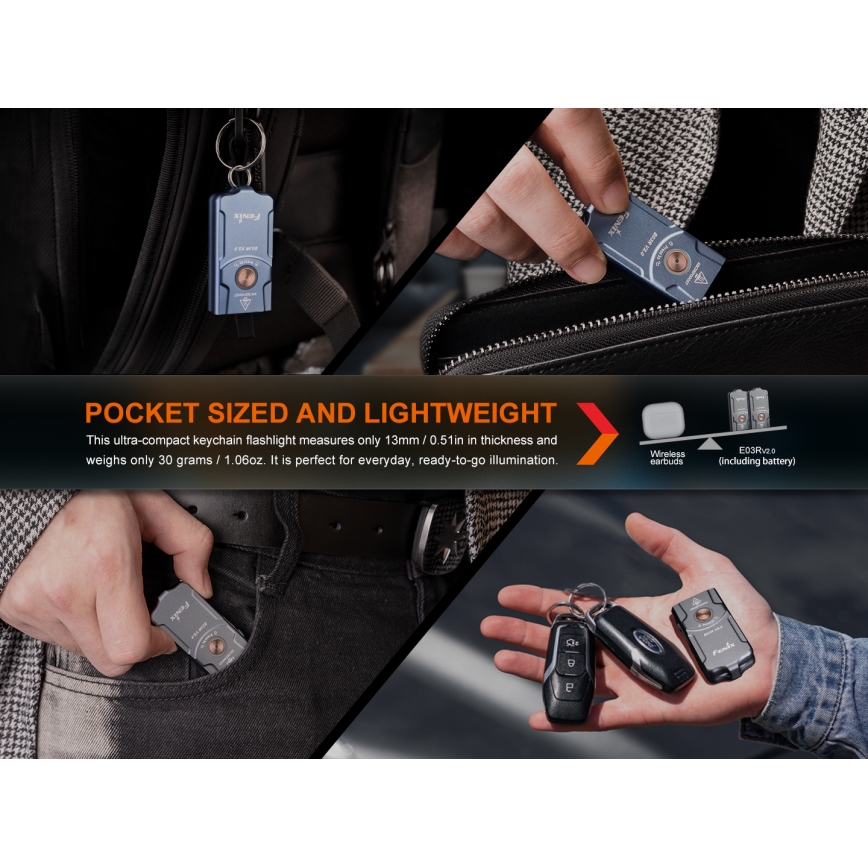 Fenix E03RV20GREY - Επαναφορτιζόμενος φακός LED LED/USB IP66 500 γυαλιστερό 30 h 400 mAh