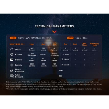 Fenix E03RV20GREY - Επαναφορτιζόμενος φακός LED LED/USB IP66 500 γυαλιστερό 30 h 400 mAh