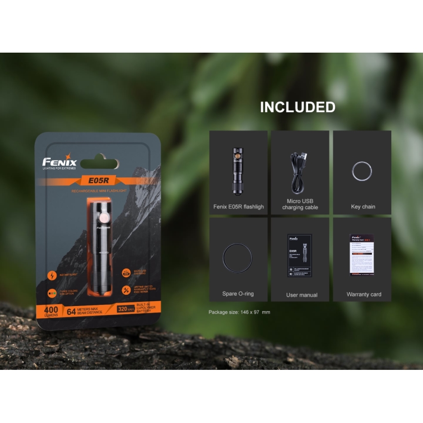 Fenix E05RBLC - LED Επαναφορτιζόμενος φακός LED / USB IP68 400 lm 30 ώρες