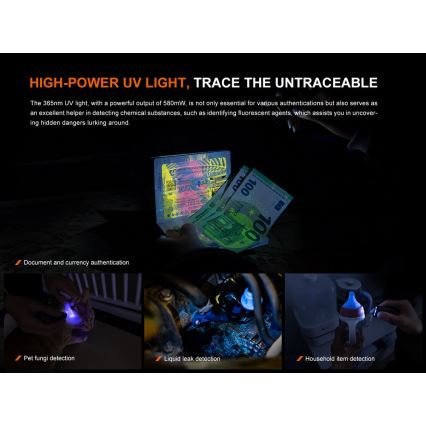 Fenix E06RGRY - LED Dimming επαναφορτιζόμενος φακός UV LED/USB IP66 700 γυαλιστερό 60 h 750 mAh γκρι