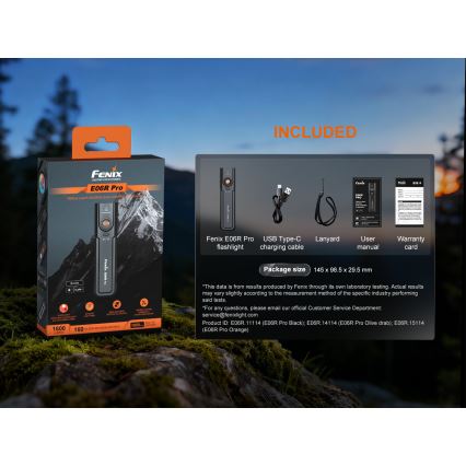 Fenix E06RPROEUBLC - Επαναφορτιζόμενος φακός LED με ρύθμιση φωτεινότητας, φόρτιση USB, 1650 mAh, IP66, 1600 lm, 111 h, μαύρος