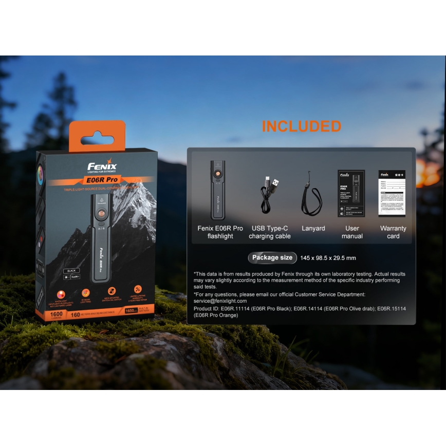 Fenix E06RPROEUBLC - Επαναφορτιζόμενος φακός LED με ρύθμιση φωτεινότητας, φόρτιση USB, 1650 mAh, IP66, 1600 lm, 111 h, μαύρος