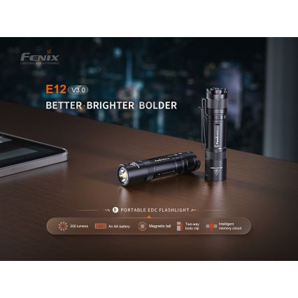 Fenix E12V30 - Ρυθμιζόμενος επαναφορτιζόμενος φακός LED/1xAA 2000 mAh IP68 200 lm 100 h μαύρος