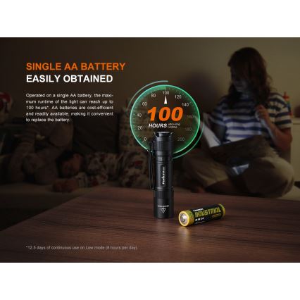Fenix E12V30 - Ρυθμιζόμενος επαναφορτιζόμενος φακός LED/1xAA 2000 mAh IP68 200 lm 100 h μαύρος