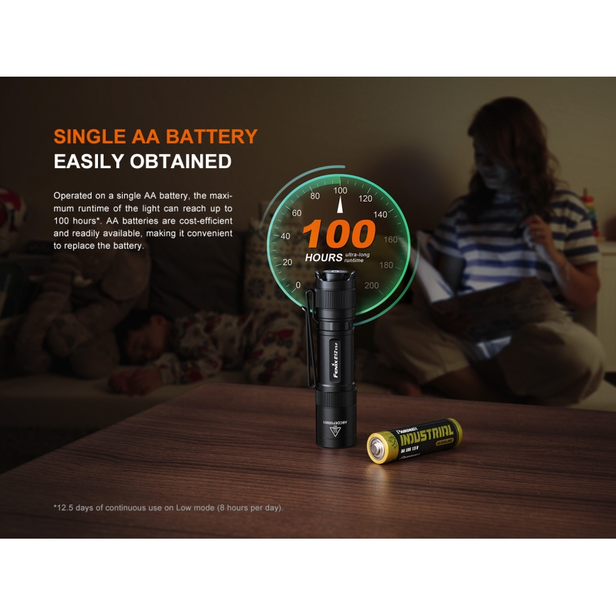 Fenix E12V30 - Ρυθμιζόμενος επαναφορτιζόμενος φακός LED/1xAA 2000 mAh IP68 200 lm 100 h μαύρος