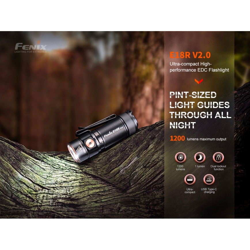 Fenix E18RV20800 - Ρυθμιζόμενος επαναφορτιζόμενος φακός LED/USB/1xCR123A 800 mAh IP68 1200 lm 200 h μαύρος
