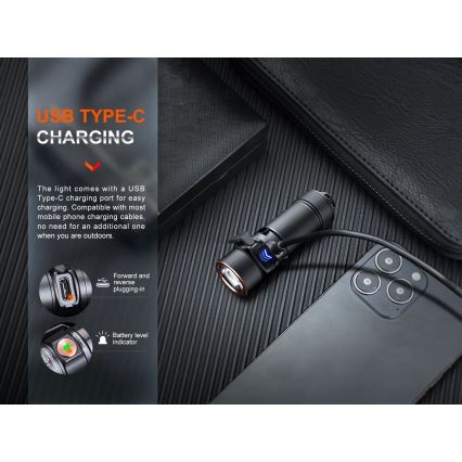 Fenix E18RV20800 - Ρυθμιζόμενος επαναφορτιζόμενος φακός LED/USB/1xCR123A 800 mAh IP68 1200 lm 200 h μαύρος