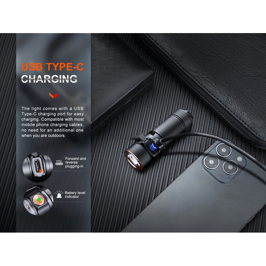 Fenix E18RV20800 - Ρυθμιζόμενος επαναφορτιζόμενος φακός LED/USB/1xCR123A 800 mAh IP68 1200 lm 200 h μαύρος