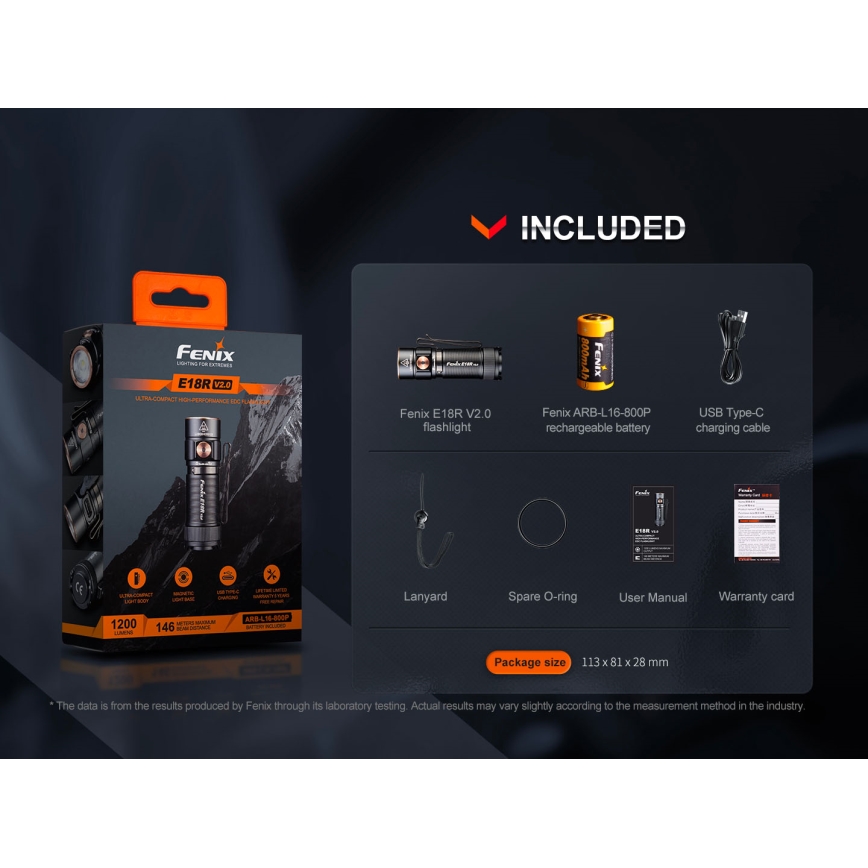 Fenix E18RV20800 - Ρυθμιζόμενος επαναφορτιζόμενος φακός LED/USB/1xCR123A 800 mAh IP68 1200 lm 200 h μαύρος