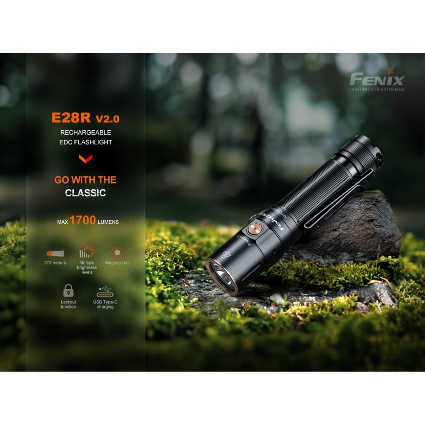 Fenix E28RV20 - LED Dimming επαναφορτιζόμενος φακός LED/USB/2xCR123A IP68 1700 γυαλιστερό 260 h 3400 mAh