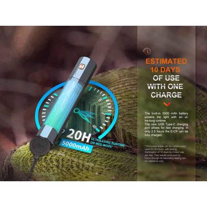 Fenix ECPBLCK - Επαναφορτιζόμενος φακός LED με powerbank USB IP68 1600 lm 504 ώρες 5000 mAh μαύρο
