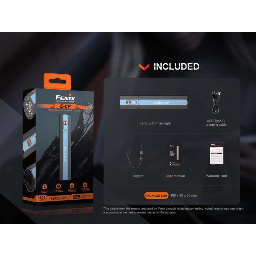 Fenix ECPBLCK - Επαναφορτιζόμενος φακός LED με power bank USB IP68 1600 γυαλιστερό 504 h 5000 mAh μαύρο