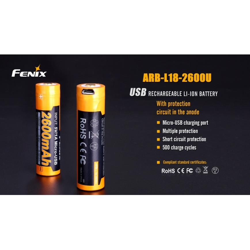 Fenix FE18650LI26USB - 1τμχ Επαναφορτιζόμενη μπαταρία USB/3,6V 2600 mAh