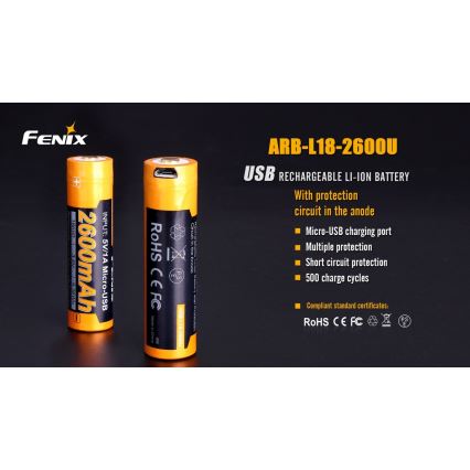 Fenix FE18650LI26USB - 1τμχ Επαναφορτιζόμενη μπαταρία USB/3,6V 2600 mAh