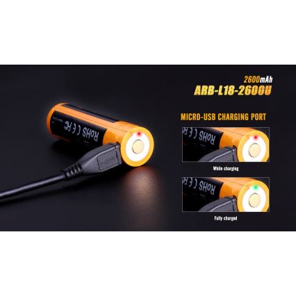 Fenix FE18650LI26USB - 1τμχ Επαναφορτιζόμενη μπαταρία USB/3,6V 2600 mAh