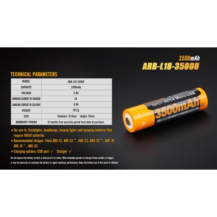 Fenix FE18650LI35USB - 1 τεμάχιο Επαναφορτιζόμενη μπαταρία USB/3,6V 3500 mAh