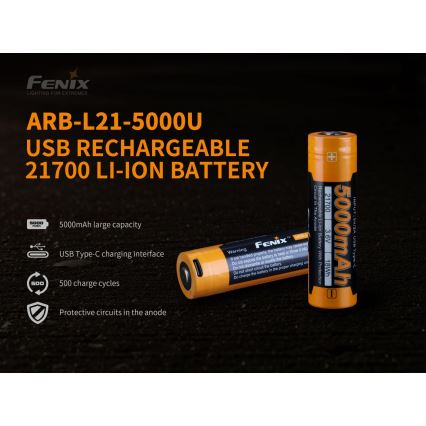 Fenix FE21700USB - 1 τεμάχιο Επαναφορτιζόμενη μπαταρία USB/3,6V 5000 mAh