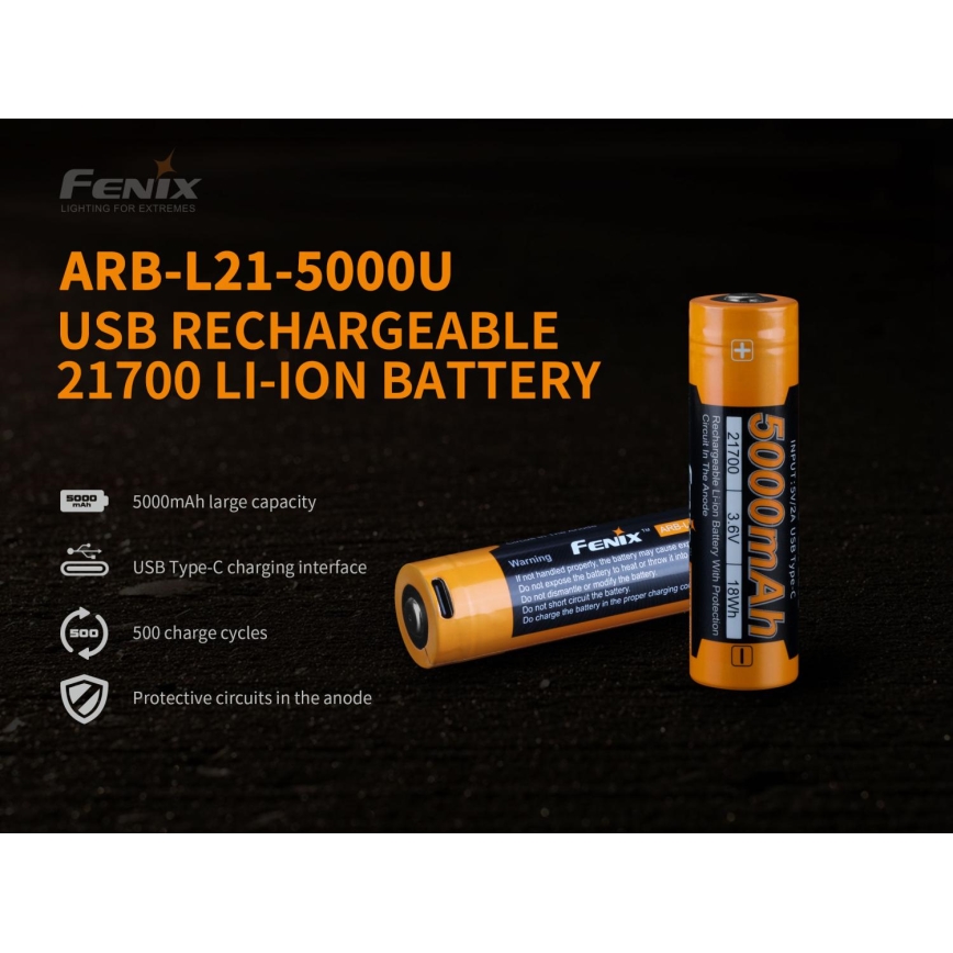 Fenix FE21700USB - 1 τεμάχιο Επαναφορτιζόμενη μπαταρία USB/3,6V 5000 mAh