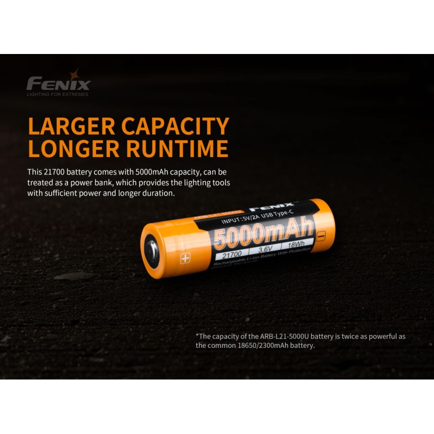 Fenix FE21700USB - 1 τεμάχιο Επαναφορτιζόμενη μπαταρία USB/3,6V 5000 mAh