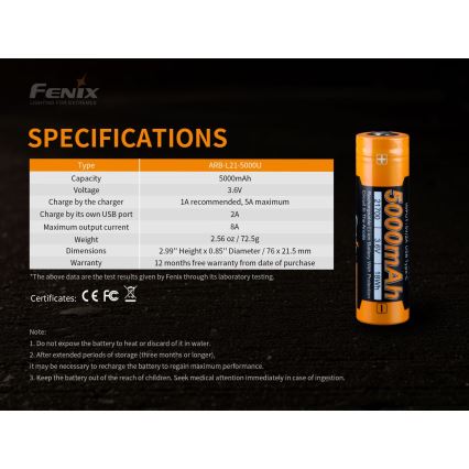 Fenix FE21700USB - 1τμχ Επαναφορτιζόμενη μπαταρία USB/3,6V 5000 mAh