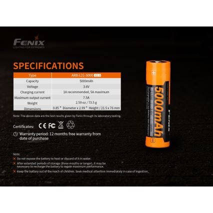 Fenix FE21700V20 - 1 τεμ. Επαναφορτιζόμενη μπαταρία 21700/3,6V 5000 mAh
