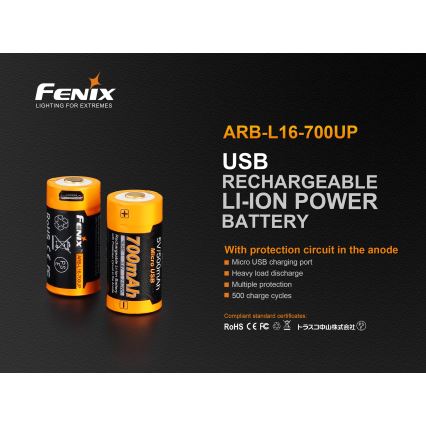 Fenix FERCR123ALIIONUP - Επαναφορτιζόμενη μπαταρία USB/3,6V 700 mAh, 1 τεμάχιο
