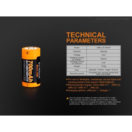 Fenix FERCR123ALIIONUP - Επαναφορτιζόμενη μπαταρία USB/3,6V 700 mAh, 1 τεμάχιο