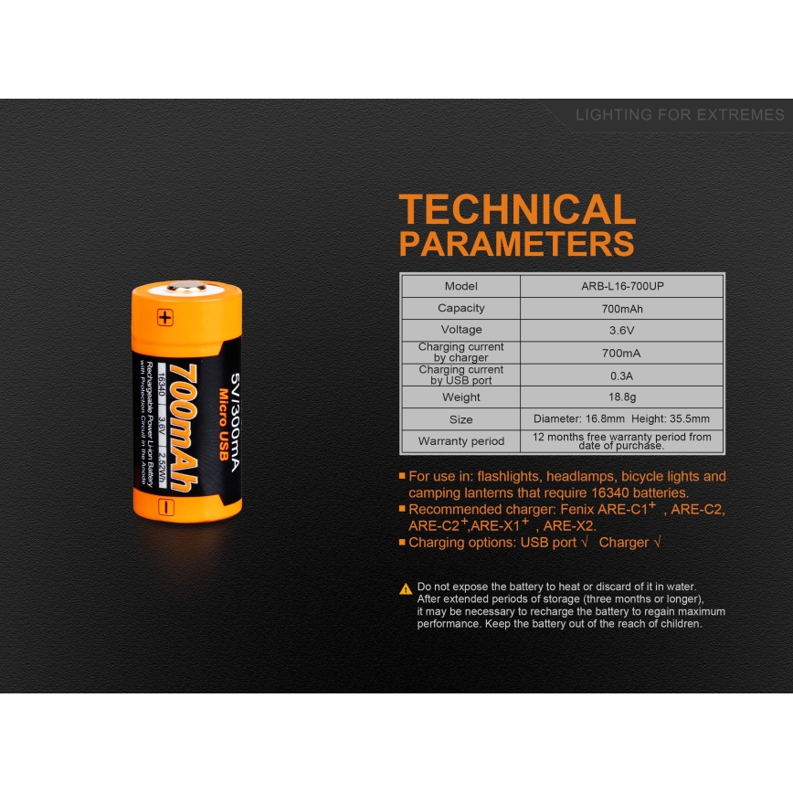 Fenix FERCR123ALIIONUP - Επαναφορτιζόμενη μπαταρία USB/3,6V 700 mAh, 1 τεμάχιο