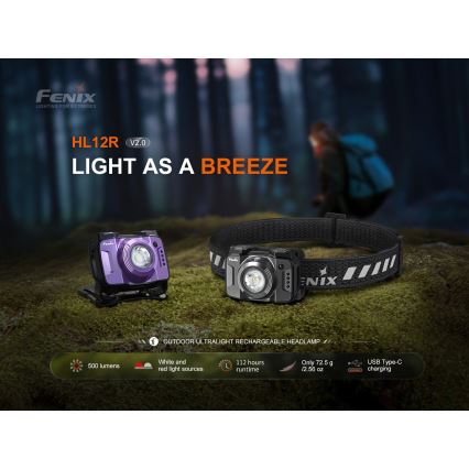 Fenix HL12RV20BLC - Ρυθμιζόμενος επαναφορτιζόμενος φακός κεφαλής LED με USB φόρτιση, 950 mAh, IP66, 500 lm, 112 ώρες, μαύρο