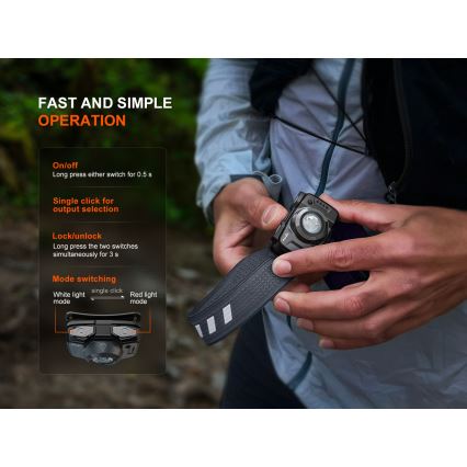 Fenix HL12RV20BLC - Ρυθμιζόμενος επαναφορτιζόμενος φακός κεφαλής LED με USB φόρτιση, 950 mAh, IP66, 500 lm, 112 ώρες, μαύρο