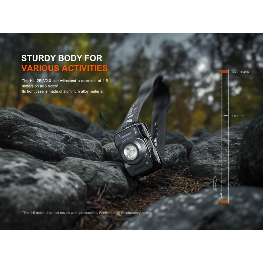 Fenix HL12RV20BLC - Ρυθμιζόμενος επαναφορτιζόμενος φακός κεφαλής LED με USB φόρτιση, 950 mAh, IP66, 500 lm, 112 ώρες, μαύρο