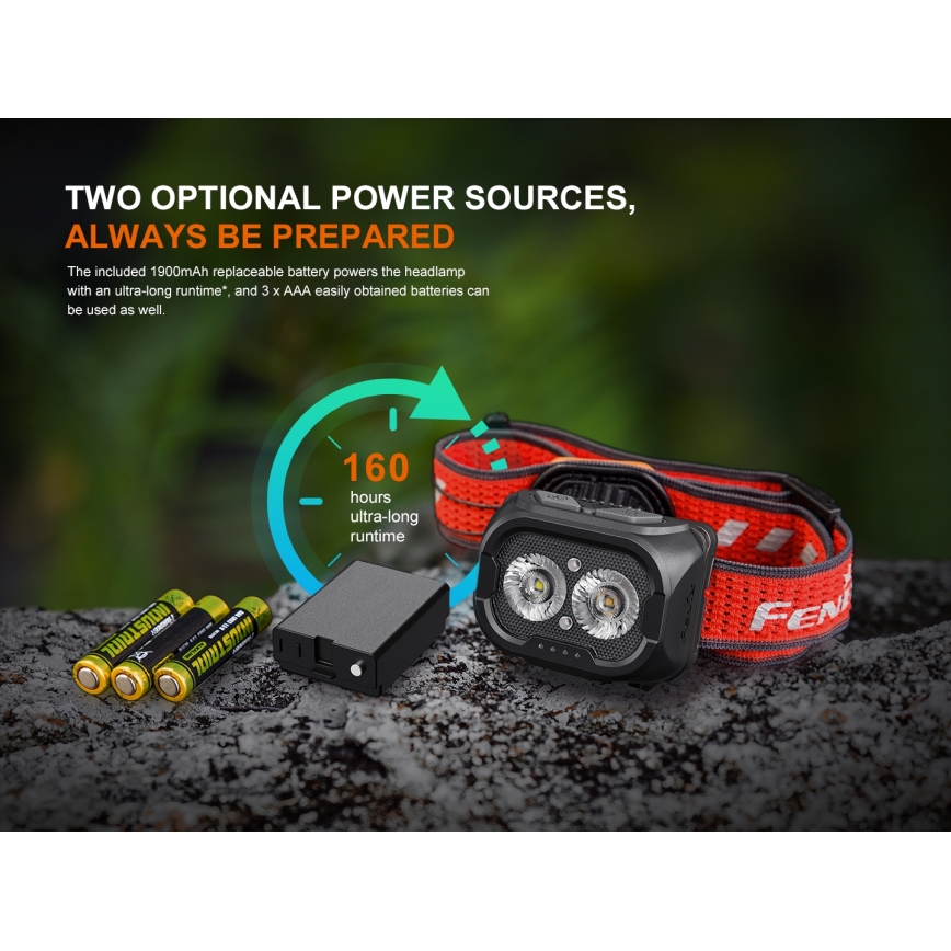 Fenix HL18RTV20BLC - Επαναφορτιζόμενος LED φακός κεφαλής με ρύθμιση φωτεινότητας LED/USB/3xAAA IP66 800 lm 160 ώρες 1900 mAh μαύρο/πορτοκαλί