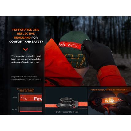 Fenix HL32RTRED - Επαναφορτιζόμενος φακός κεφαλής LED/USB/3xAAA IP66 800 lm 300 ώρες κόκκινο/πορτοκαλί