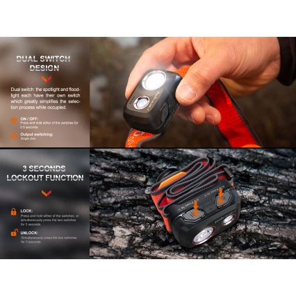 Fenix HL32RTRED - Επαναφορτιζόμενος φακός κεφαλής LED/USB/3xAAA IP66 800 lm 300 ώρες κόκκινο/πορτοκαλί